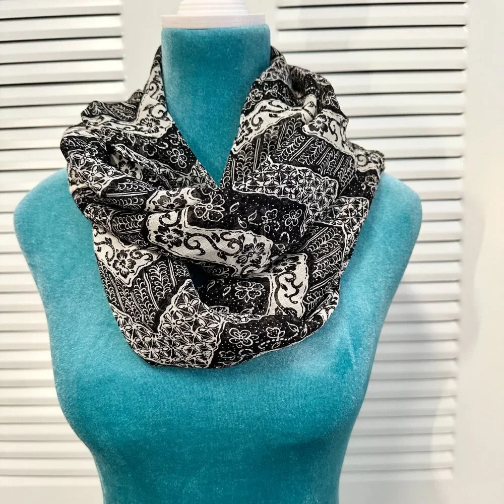 Vintage silk black and white 100% silk batik scarf / shawl from Coldwater Creek